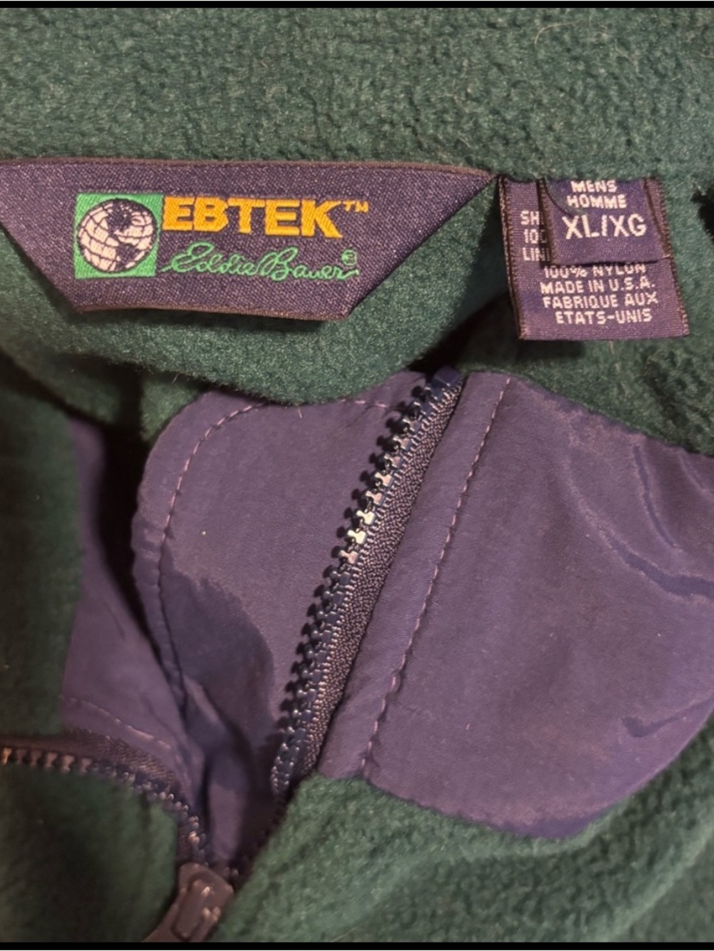 Vintage LL Bean EBTek Fleece Jacket Green Purple Full Zip Hooded Mens XL Travel - Picture 6 of 7